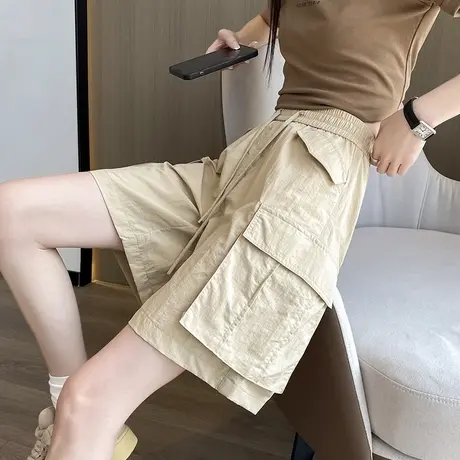 卡其色五分短裤女夏季薄款日系垂感高腰显瘦休闲运动工装中裤子潮商品大图