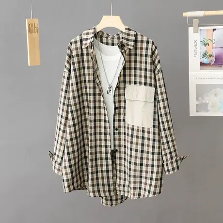 幂式穿搭格子衬衫女慵懒风2023春秋季复古宽松外搭衬衣开衫外上衣图片