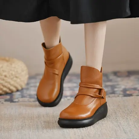 吐火罗女鞋2021秋冬季新款圆头百搭短靴松糕厚底复古坡跟显瘦女靴商品大图