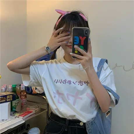 港风ins宽松慵懒风字母纯棉短袖T恤女上衣2023新款韩版夏装盐系图片