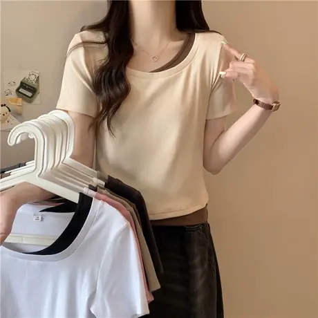 方领假两件短袖T恤女夏装修身设计感小众别致百搭纯棉短款上衣潮图片