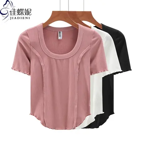 夏新款韩短款圆领纯棉荷叶边修身纯色下摆圆弧短袖体恤上衣内搭女商品大图