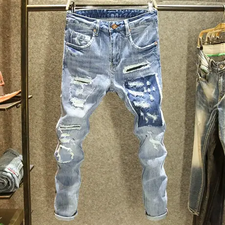 ins潮牌乞丐裤子潮流韩版修身小脚裤时尚拼接毛边破洞牛仔裤男款商品大图