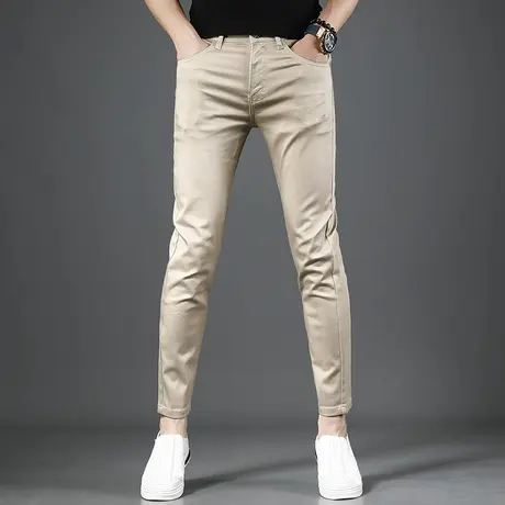 夏季九分牛仔裤男卡其色弹力修身小脚男士潮牌2023新款薄款裤子男商品大图