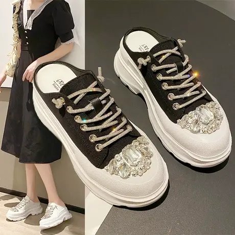 帆布鞋女厚底水钻2023年夏季新增高松糕包头半拖鞋外穿休闲小白鞋图片