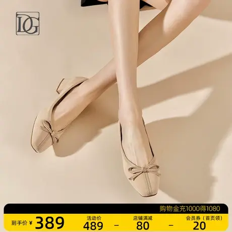 商场同款蝴蝶结浅口方头单鞋女粗跟2023新款早春休闲真皮皮鞋商品大图