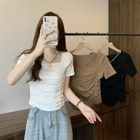 时髦大码设计感小众方领正肩t恤短袖女装夏胖mm遮肉显瘦上衣200斤商品大图