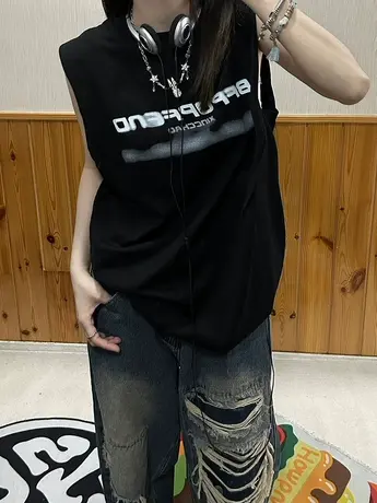 美式复古纯棉吊带坎肩背心无袖t恤女夏季设计感小众外穿宽松上衣图片