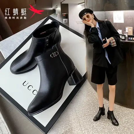 红蜻蜓女鞋2023冬季款真皮高帮女靴子粗跟中跟加绒时装女士短靴子商品大图