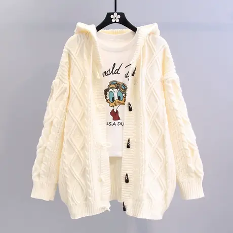 复古牛角扣连帽毛衣外套女秋冬2023新款宽松慵懒风中长款针织开衫商品大图