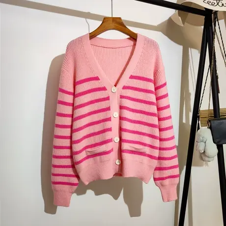 学院风针织开衫女秋冬新款v领韩版宽松休闲百搭时尚条纹毛衣外套图片