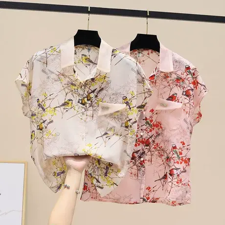 雪纺无袖衬衫女2023年夏季新款上衣设计感小众花衬衫短袖时尚宽松图片