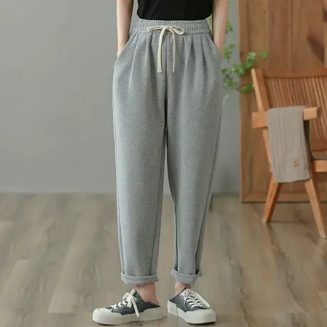 dza 高腰显瘦宽松哈伦裤子女百搭休闲长裤直筒阔腿裤灰色运动卫裤商品大图