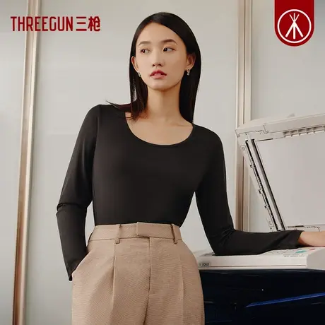 三枪保暖上衣女2024秋冬薄款圆领打底衫简约显瘦长袖内搭女士秋衣图片