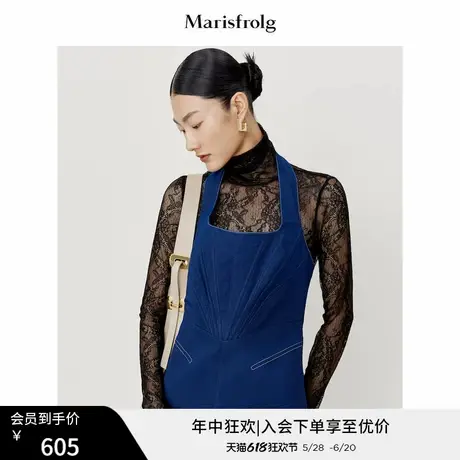 玛丝菲尔春季新款黑色蕾丝高领长袖衬衫T恤打底图片