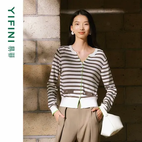 [专柜同款]Yifini/易菲V领咖色条纹长袖短款百搭针织毛衫套头衫女商品大图