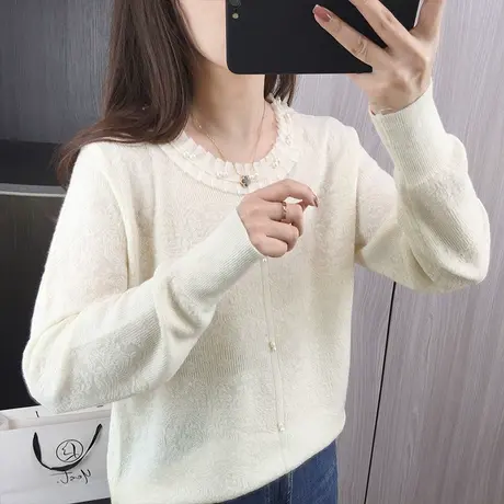 2024春装新款小香风内搭针织打底衫女春秋季白色甜美毛衣上衣外穿商品大图