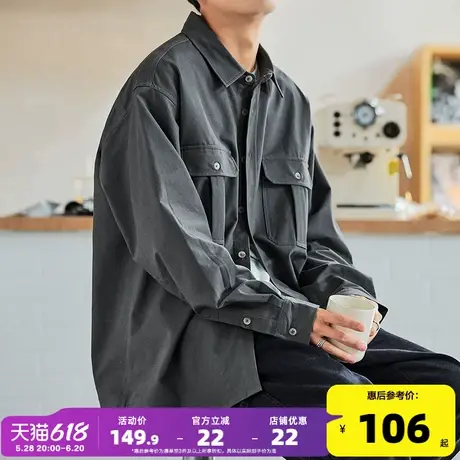 唐狮春秋季新款工装长袖衬衫男士港风日系休闲宽松衬衣外套潮复古商品大图