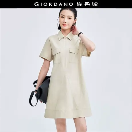 佐丹奴裙子女装工装口袋拉链门筒绑带翻领梭织连衣裙 18464916图片