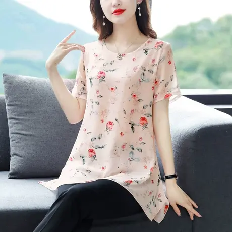 中长款遮肚子上衣女夏装碎花雪纺衫大码新款宽松妈妈胖mm显瘦遮肉图片