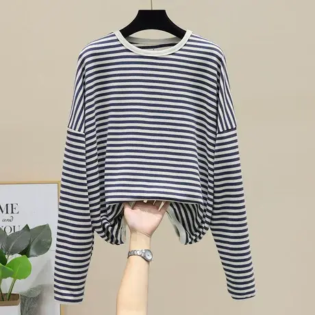 秋季条纹卫衣女春秋薄款2023新款圆领长袖宽松bf慵懒早秋上衣外套商品大图