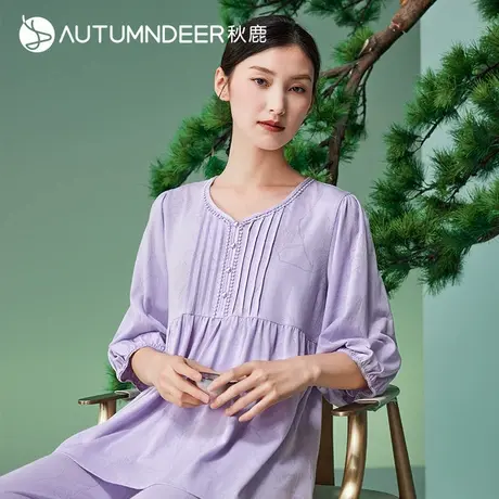 秋鹿【直播专享】新中式国风提花棉睡衣女春夏季新款七分袖九分裤商品大图