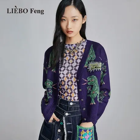 裂帛LIEBOFeng2023春季新商场同款提花V领短款薄款针织开衫图片