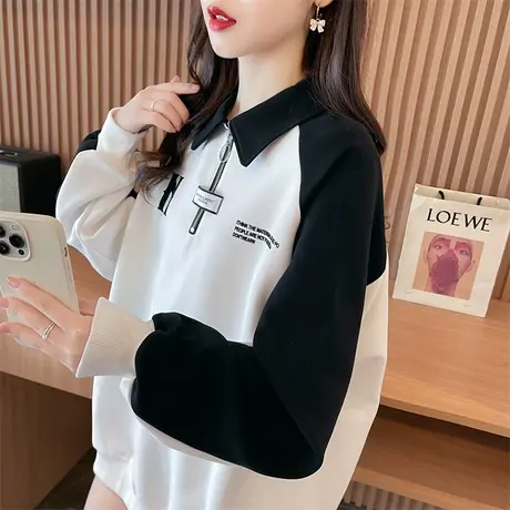 设计感小众娃娃领卫衣女春秋季韩版宽松薄款早秋翻领撞色上衣外套商品大图