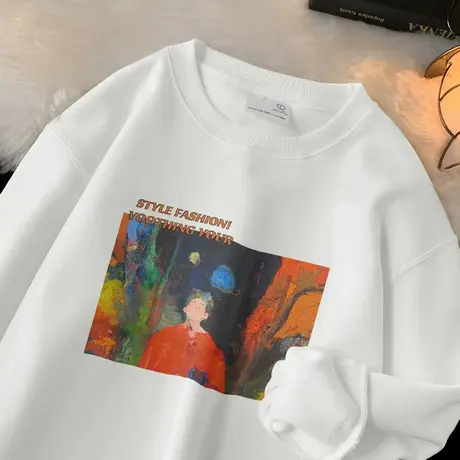 320g重磅白色卫衣男生春秋季加绒加厚无帽长袖圆领上衣服潮流百搭商品大图