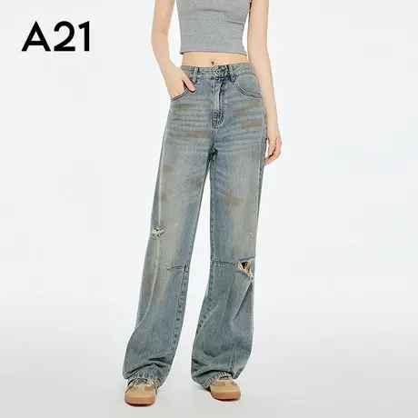 A21女装水洗破洞高腰牛仔裤2025秋新款简约宽松萝卜裤图片