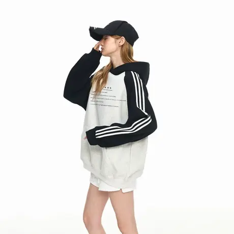 美式潮牌三条杠撞色套头连帽卫衣外套女春秋新款宽松休闲情侣上衣商品大图