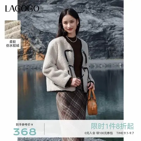 LAGOGO仿水貂绒新中式短外套女拉谷谷2024冬季新款牛角扣保暖上衣商品大图