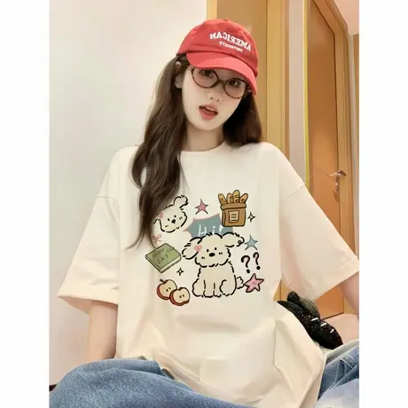 奶杏色短袖t恤女2025新款半袖夏美式宽松纯棉轻熟小众不撞款上衣商品大图