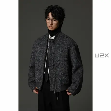 w2x冬季加绒加厚重磅绵羊毛针织大斜纹立领呢子夹克男高级感外套商品大图