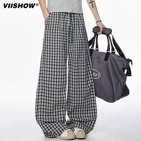 VIISHOW休闲格子裤男2025秋季新款美式潮流宽松直筒垂坠感阔腿裤图片