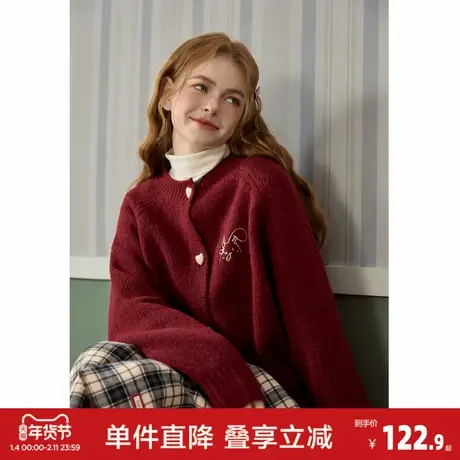 唐狮2026秋冬毛衣慵懒风针织开衫外套女撞色爱心复古毛衣外套商品大图