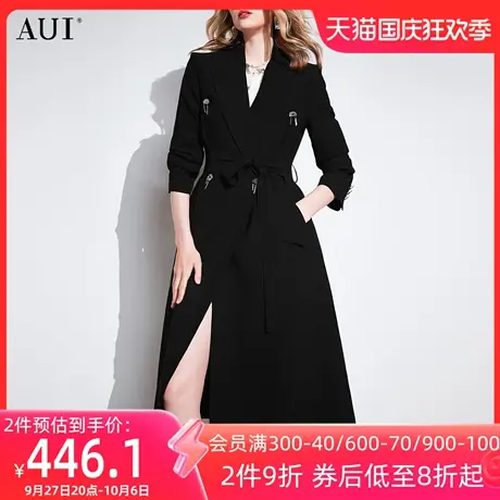 AUI黑色时尚高端气质风衣外套女2023春新款收腰设计感中长款大衣图片