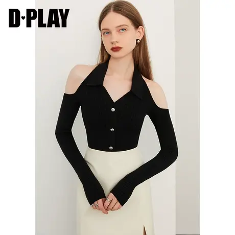 DPLAY秋季新品心机镂空露肩V字翻领经典黑色修身针织小衫商品大图