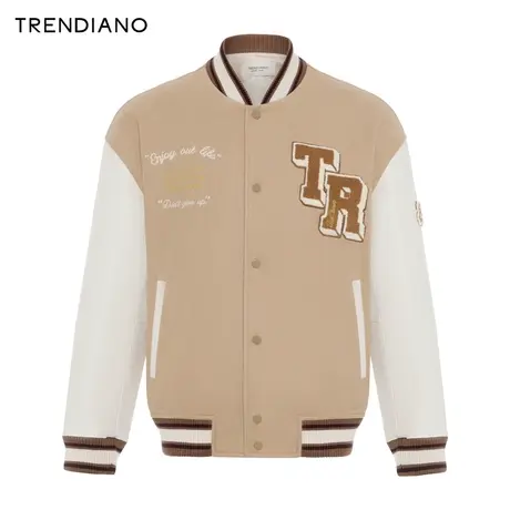 TRENDIANO官方PU皮拼接美式棒球服夹克外套男潮2023新款冬季商品大图