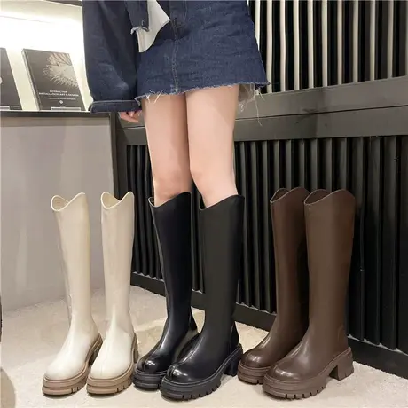 长筒靴女秋冬季小个子圆头时尚高筒骑士靴厚底v口中跟粗跟瘦瘦靴商品大图