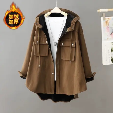 连帽加绒加厚休闲外套女2023新款爆款中长款棉服宽松工装大码风衣图片