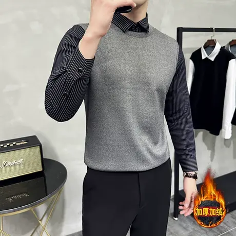 冬季加绒加厚保暖内衣男条纹衬衫拼接假两件针织衫修身套头毛衣潮图片