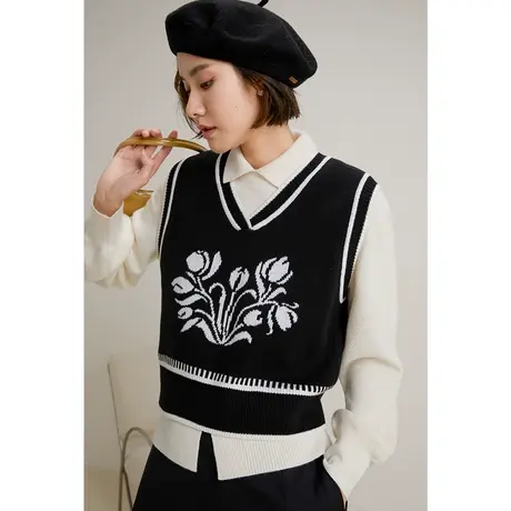 弥古复古v领针织马甲女2023新款秋冬叠穿撞色提花毛衣背心高级感商品大图