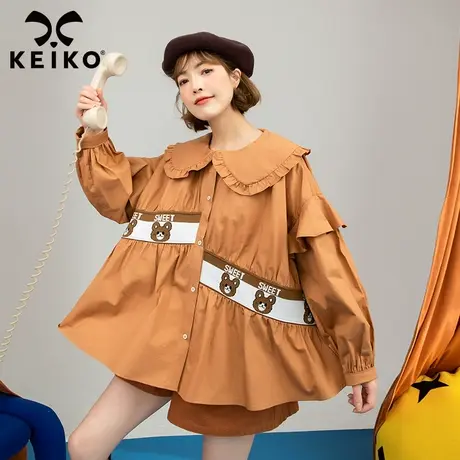 甜酷小熊提花拼接娃娃领长袖衬衫女2023春季韩版宽松娃娃衫上衣秋商品大图