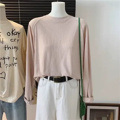 纯棉插肩长袖T恤女春秋装韩版宽松显瘦2023新款爆款外穿打底上衣商品大图