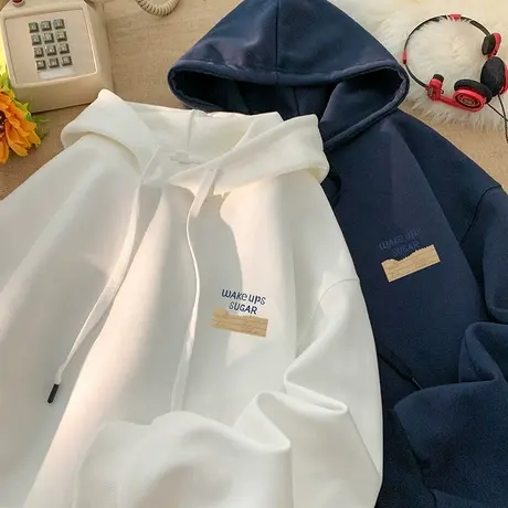 设计感贴标宽松休闲连帽卫衣男ins秋冬季新款外套慵懒风男生帽衫商品大图