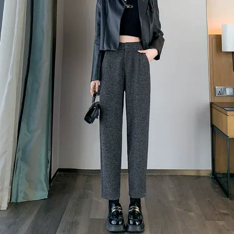 烟管直筒毛呢裤女2023冬季新款加厚高腰显瘦九分小个子休闲西装裤图片