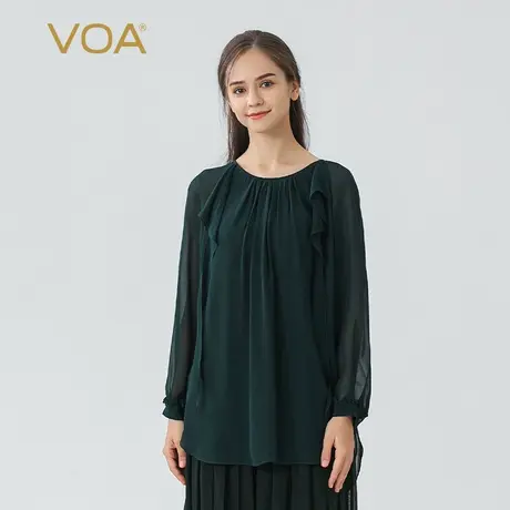 VOA孔雀绿双层乔其纯真丝圆领木耳边袖口灯笼长袖大码桑蚕丝T恤衫图片