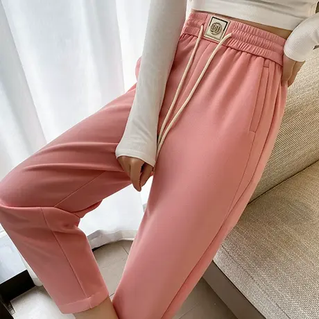 粉色九分休闲直筒裤女春秋新款高腰显瘦小个子松紧腰运动哈伦卫裤商品大图