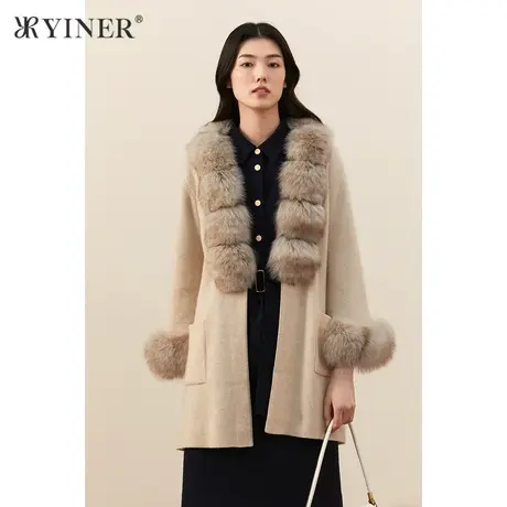 YINER音儿女装冬季新狐狸毛领羊绒混纺针织开衫商品大图